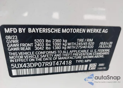 2024 BMW X3 Sdrive30I из США, поврежденный, VIN 5UX43DP07R9T47418